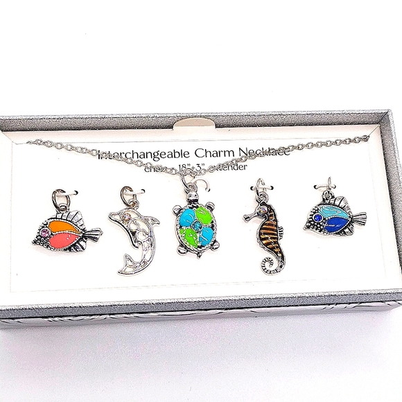 Bay Studio Jewelry - Bay Studio Silver 5 Interchangeable Pendant Necklace Fish Dolphin Turtle CZ